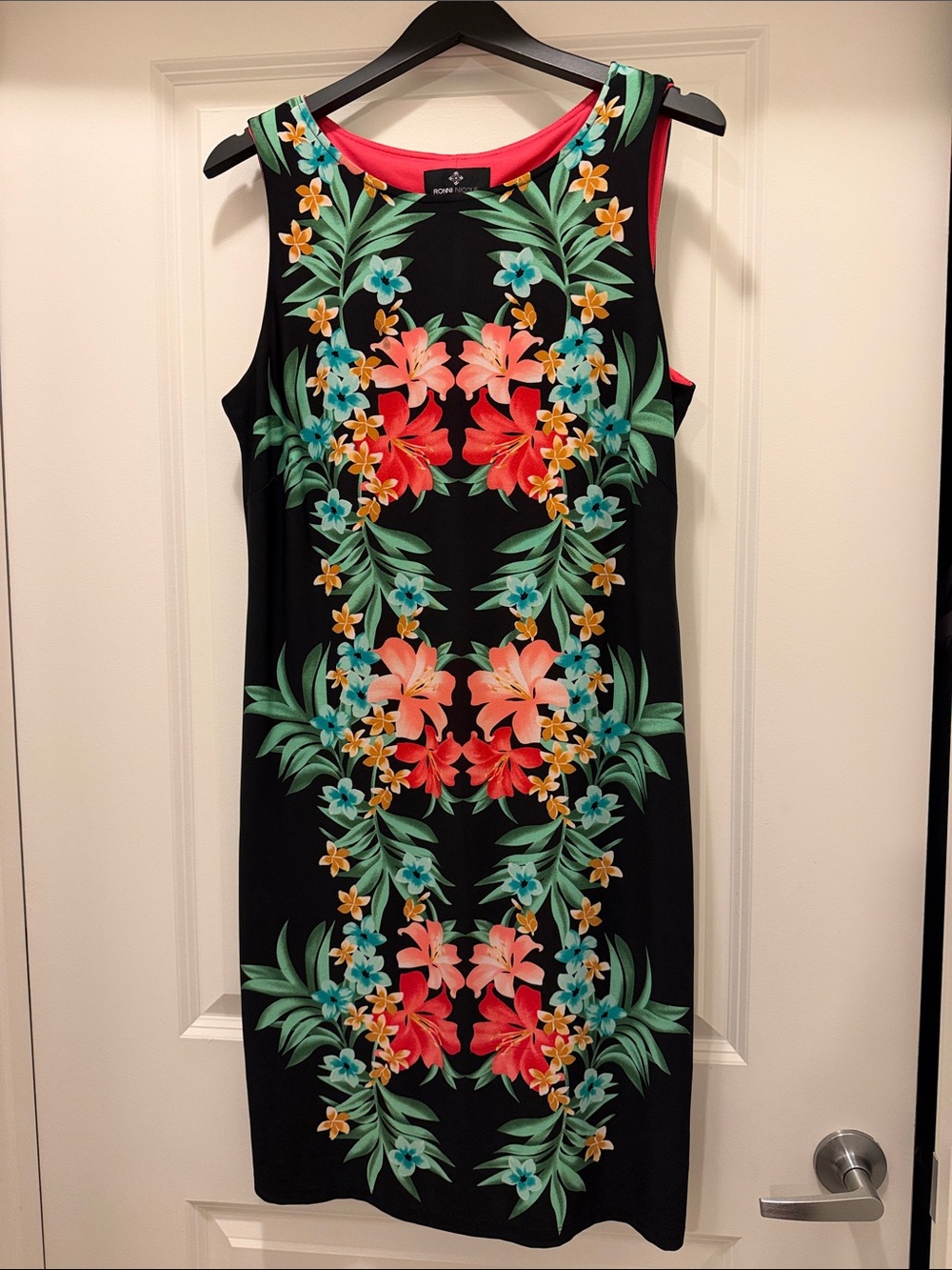 Ronni Nicole Black Midi Dress with Coral, Teal & Yellow Floral Print